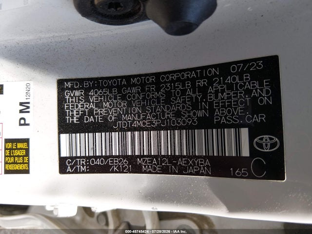 45745424 :رقم المزاد ، JTDT4MCE3PJ103093 vin ، 2023 Toyota Corolla Xse مزاد بيع