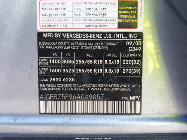 Продажа на аукционе авто 2006 Mercedes-benz Ml 500 4matic, vin: 4JGBB75E96A049857, номер лота: 45745425