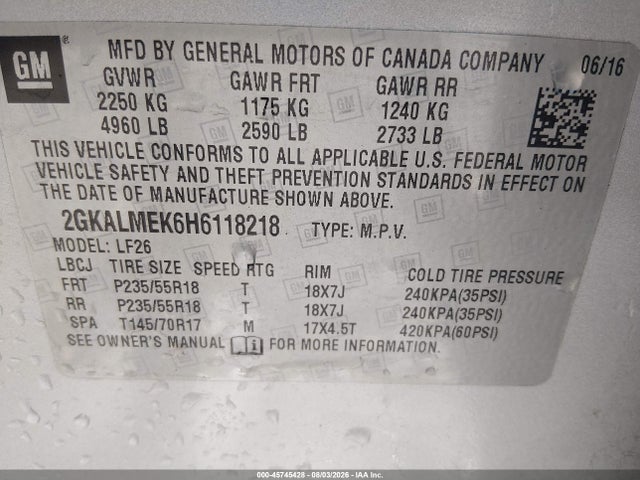 2017 Gmc Terrain Sle-1 მანქანა იყიდება აუქციონზე, vin: 2GKALMEK6H6118218, აუქციონის ნომერი: 45745428