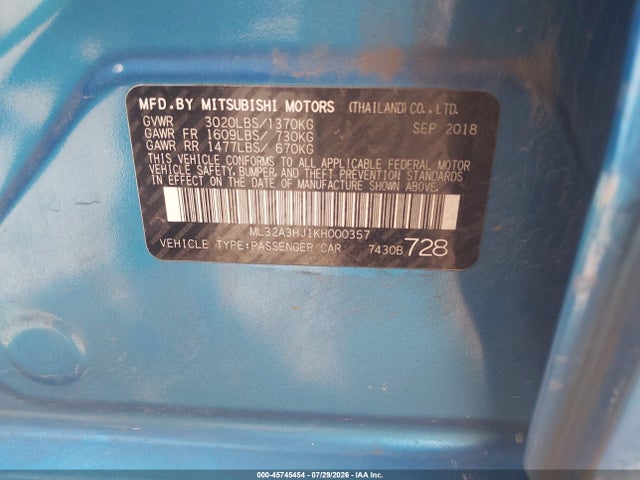 2019 Mitsubishi Mirage Es მანქანა იყიდება აუქციონზე, vin: ML32A3HJ1KH000357, აუქციონის ნომერი: 45745454