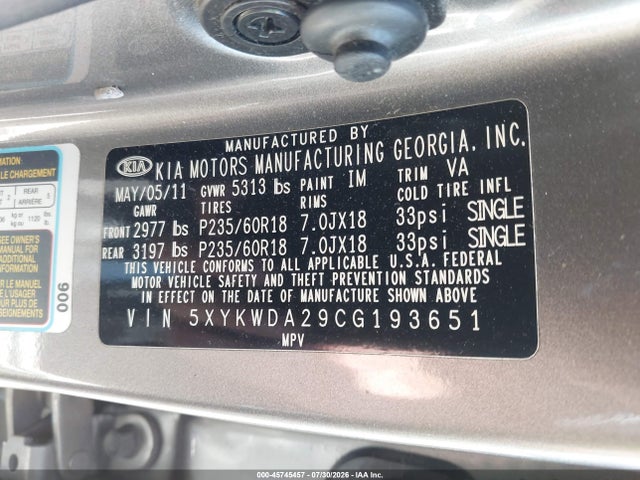 45745457 :رقم المزاد ، 5XYKWDA29CG193651 vin ، 2012 Kia Sorento Sx V6 مزاد بيع