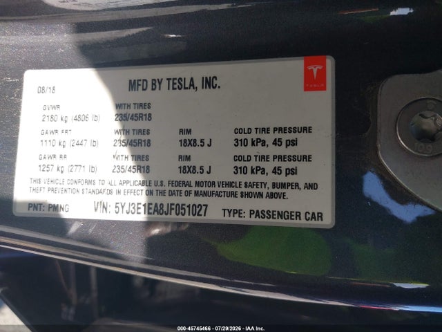 Aukcja sprzedaży 2018 Tesla Model 3, vin: 5YJ3E1EA8JF051027, numer aukcji: 45745466