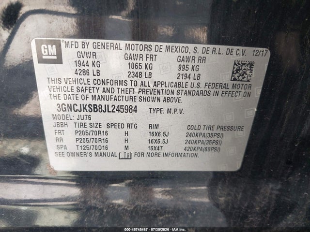 2018 Chevrolet Trax Ls მანქანა იყიდება აუქციონზე, vin: 3GNCJKSB8JL245984, აუქციონის ნომერი: 45745467