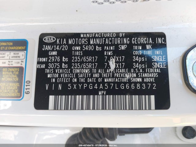45745479 :رقم المزاد ، 5XYPG4A57LG668372 vin ، 2020 Kia Sorento 3.3l Lx مزاد بيع