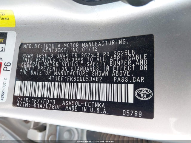 2012 Toyota Camry Le მანქანა იყიდება აუქციონზე, vin: 4T1BF1FK6CU053462, აუქციონის ნომერი: 45745482