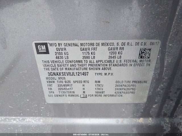 45745494 :رقم المزاد ، 3GNAXSEV8JL121497 vin ، 2018 Chevrolet Equinox Lt مزاد بيع