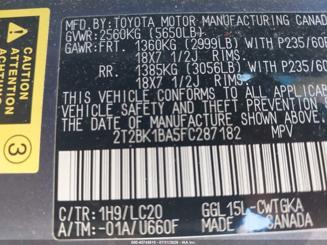 Auction sale of the 2015 Lexus Rx 350, vin: 2T2BK1BA5FC287182, lot number: 45745510