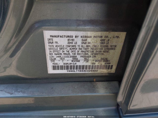 2003 Nissan Altima 2.5 S მანქანა იყიდება აუქციონზე, vin: 1N4AL11D33C329660, აუქციონის ნომერი: 45745518