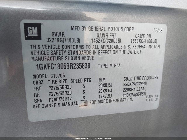 45745542 :رقم المزاد ، 1GKFC13068R235839 vin ، 2008 Gmc Yukon Slt مزاد بيع
