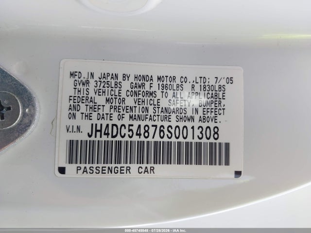 45745548 :رقم المزاد ، JH4DC54876S001308 vin ، 2006 Acura Rsx مزاد بيع