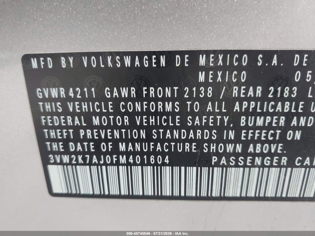 Aukcja sprzedaży 2015 Volkswagen Jetta 2.0l S, vin: 3VW2K7AJ0FM401604, numer aukcji: 45745546