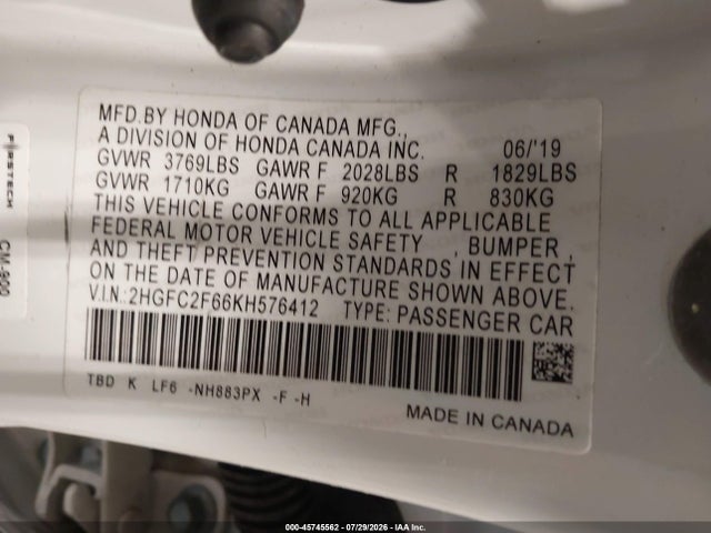 2HGFC2F66KH576412 Honda Civic Lx