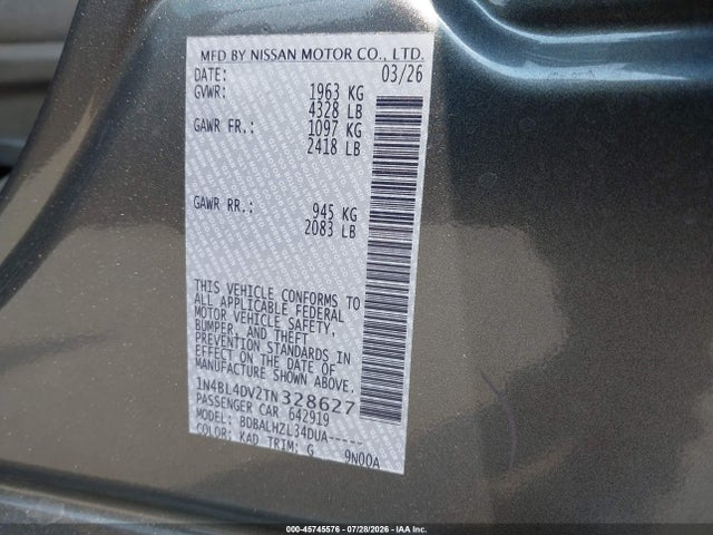 1N4BL4DV2TN328627 Nissan Altima Sv Fwd