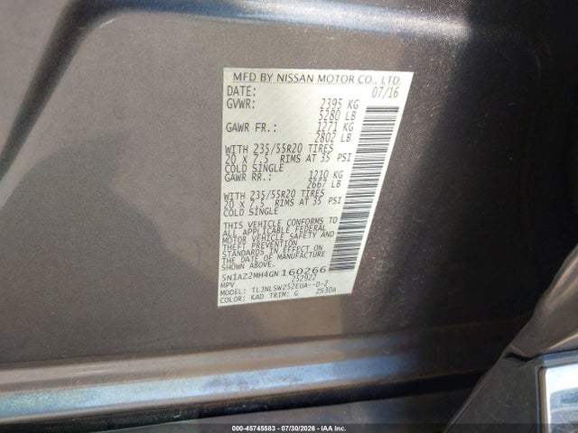 Aukcja sprzedaży 2016 Nissan Murano Platinum, vin: 5N1AZ2MH4GN160266, numer aukcji: 45745583