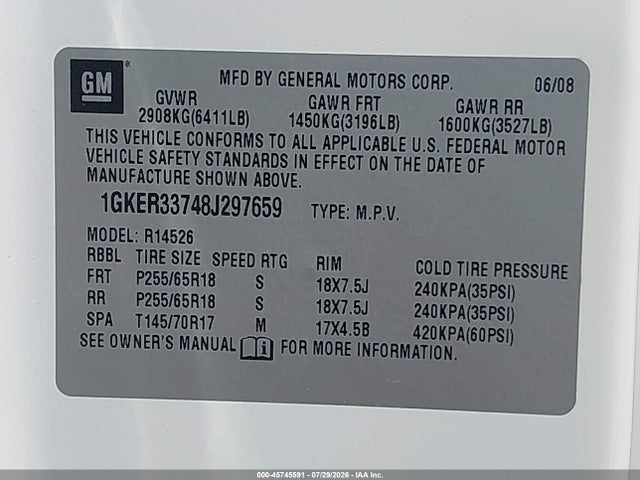 Aukcja sprzedaży 2008 Gmc Acadia Slt-2, vin: 1GKER33748J297659, numer aukcji: 45745591