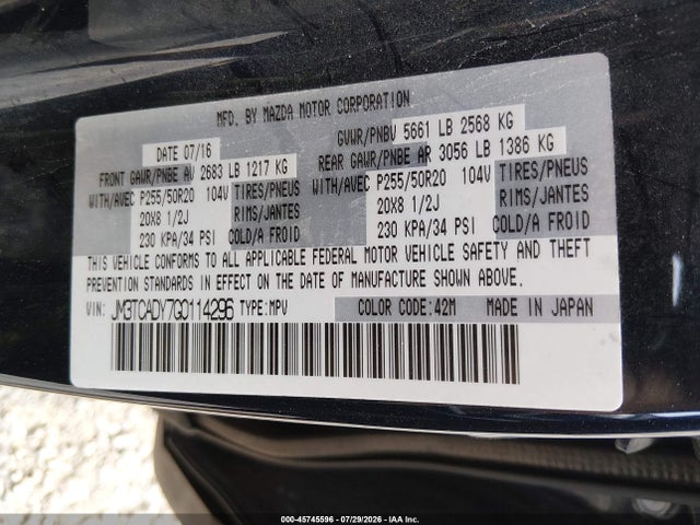 Aukcja sprzedaży 2016 Mazda Cx-9 Grand Touring, vin: JM3TCADY7G0114296, numer aukcji: 45745596