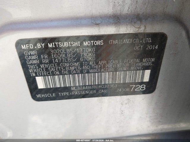2015 Mitsubishi Mirage Es მანქანა იყიდება აუქციონზე, vin: ML32A4HJ8FH032363, აუქციონის ნომერი: 45745597