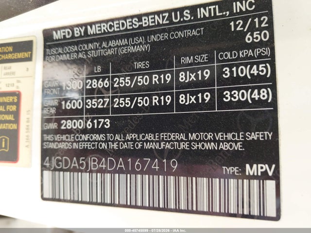 2013 Mercedes-benz Ml 350 მანქანა იყიდება აუქციონზე, vin: 4JGDA5JB4DA167419, აუქციონის ნომერი: 45745599