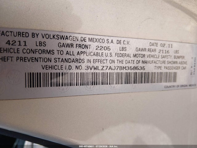 Продаж на аукціоні авто 2011 Volkswagen Jetta 2.5l Sel, vin: 3VWLZ7AJ7BM358535, номер лоту: 45745601