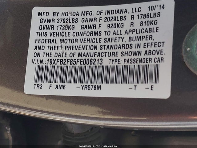 2015 Honda Civic Ex მანქანა იყიდება აუქციონზე, vin: 19XFB2F85FE006213, აუქციონის ნომერი: 45745615