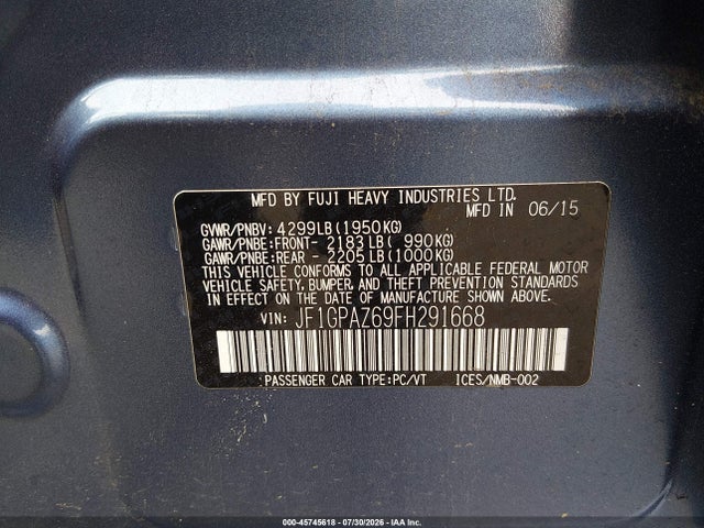 2015 Subaru Impreza 2.0i Sport Limited მანქანა იყიდება აუქციონზე, vin: JF1GPAZ69FH291668, აუქციონის ნომერი: 45745618