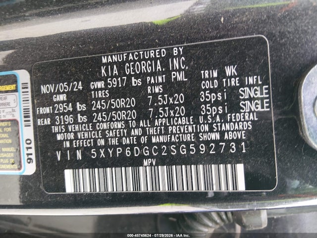 2025 Kia Telluride S მანქანა იყიდება აუქციონზე, vin: 5XYP6DGC2SG592731, აუქციონის ნომერი: 45745624
