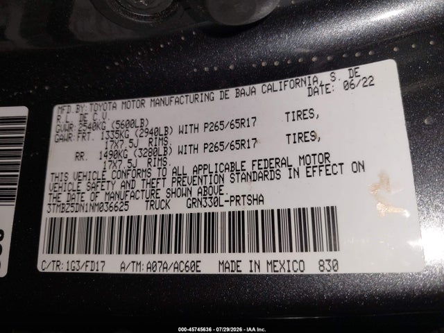3TMBZ5DN1NM036625 Toyota Tacoma Trd Sport