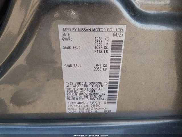 1N4BL4DV6SN389316 Nissan Altima Sv Fwd
