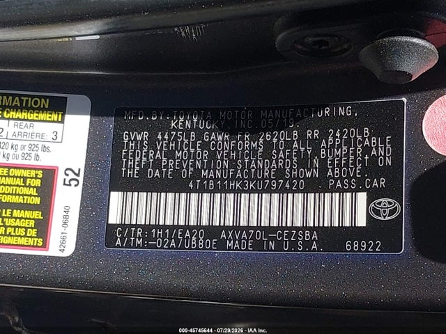 Toyota CAMRY SE 2019 4T1B11HK3KU797420 Image 9