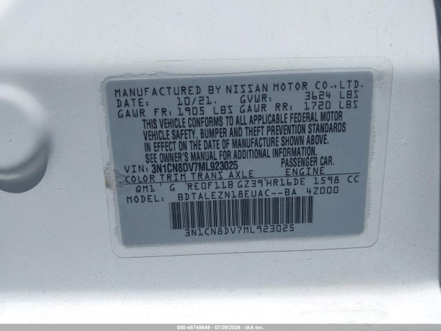 2021 Nissan Versa S Xtronic Cvt მანქანა იყიდება აუქციონზე, vin: 3N1CN8DV7ML923025, აუქციონის ნომერი: 45745649