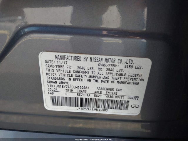 45745671 :رقم المزاد ، JN1EV7AR3JM440983 vin ، 2018 Infiniti Q50 3.0t Luxe مزاد بيع