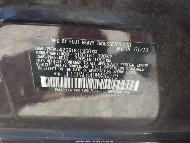 Auction sale of the 2013 Subaru Impreza 2.0i Sport Premium, vin: JF1GPAL64DH840070, lot number: 45745674
