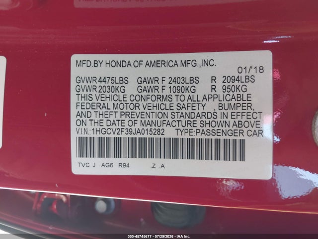 1HGCV2F39JA015282 Honda Accord Sport 2.0t