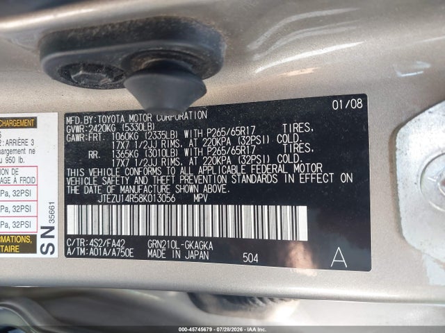 45745679 :رقم المزاد ، JTEZU14R58K013056 vin ، 2008 Toyota 4runner Sr5 V6 مزاد بيع