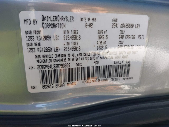 Aukcja sprzedaży 2002 Chrysler Town & Country Limited, vin: 2C8GP64L32R793058, numer aukcji: 45745689