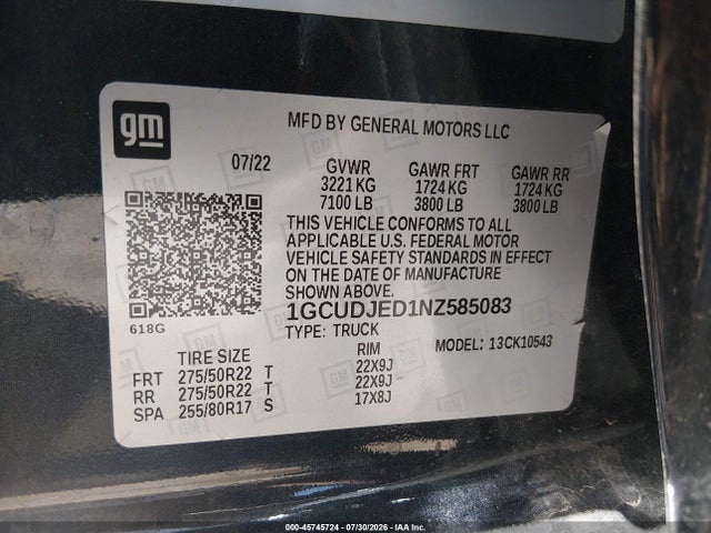 Продаж на аукціоні авто 2022 Chevrolet Silverado 1500 4wd  Short Bed High Country, vin: 1GCUDJED1NZ585083, номер лоту: 45745724