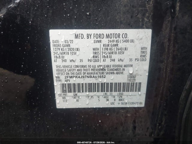 Продажа на аукционе авто 2022 Ford Edge Sel, vin: 2FMPK4J97NBA61652, номер лота: 45745726