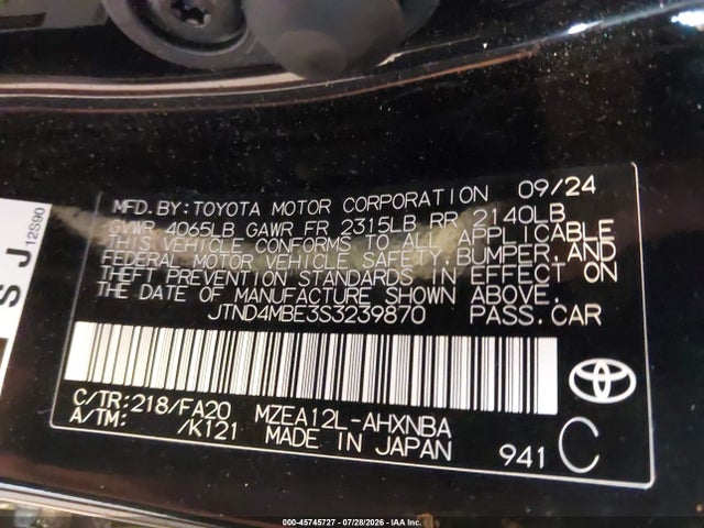 45745727 :رقم المزاد ، JTND4MBE3S3239870 vin ، 2025 Toyota Corolla Nightshade Edition مزاد بيع