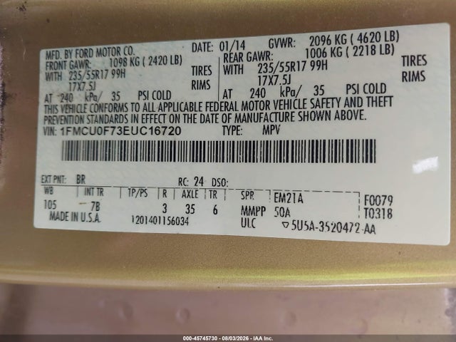45745730 :رقم المزاد ، 1FMCU0F73EUC16720 vin ، 2014 Ford Escape S مزاد بيع