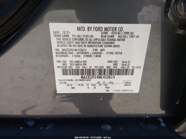 2021 Ford Ecosport S მანქანა იყიდება აუქციონზე, vin: MAJ3S2FE4MC452615, აუქციონის ნომერი: 45745748