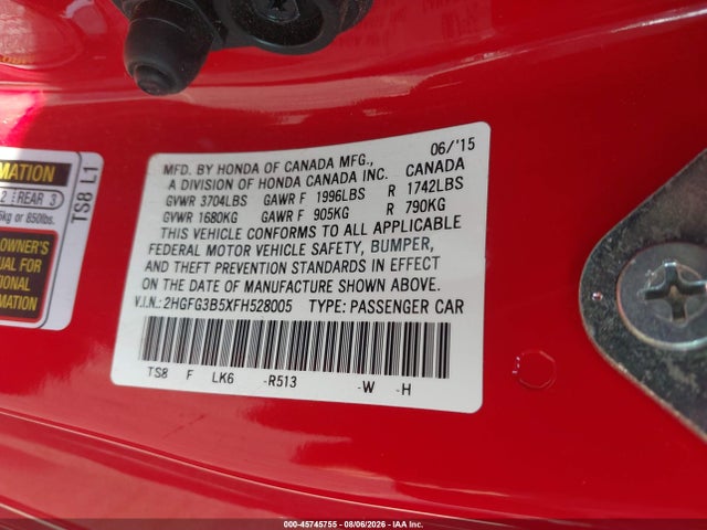 Honda Civic Lx 2015 2HGFG3B5XFH528005 Image 9