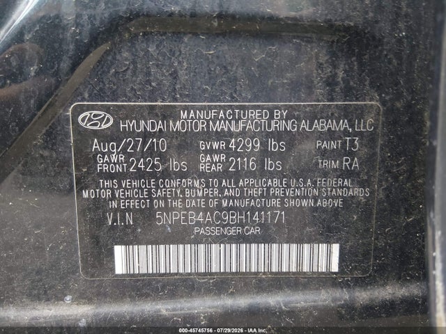 45745756 :رقم المزاد ، 5NPEB4AC9BH141171 vin ، 2011 Hyundai Sonata Gls مزاد بيع