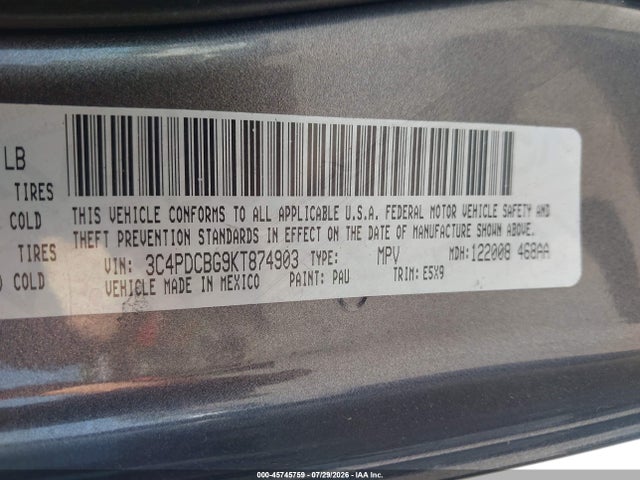 2019 Dodge Journey Se მანქანა იყიდება აუქციონზე, vin: 3C4PDCBG9KT874903, აუქციონის ნომერი: 45745759