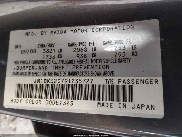 45745767 :رقم المزاد ، JM1BK32G791235727 vin ، 2009 Mazda Mazda3 I مزاد بيع