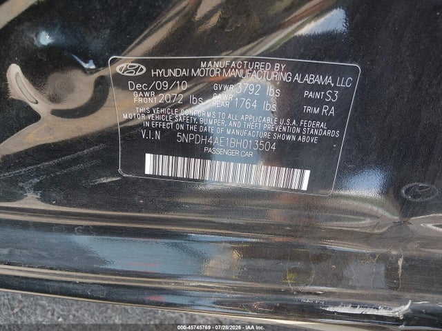 2011 Hyundai Elantra Gls მანქანა იყიდება აუქციონზე, vin: 5NPDH4AE1BH013504, აუქციონის ნომერი: 45745769
