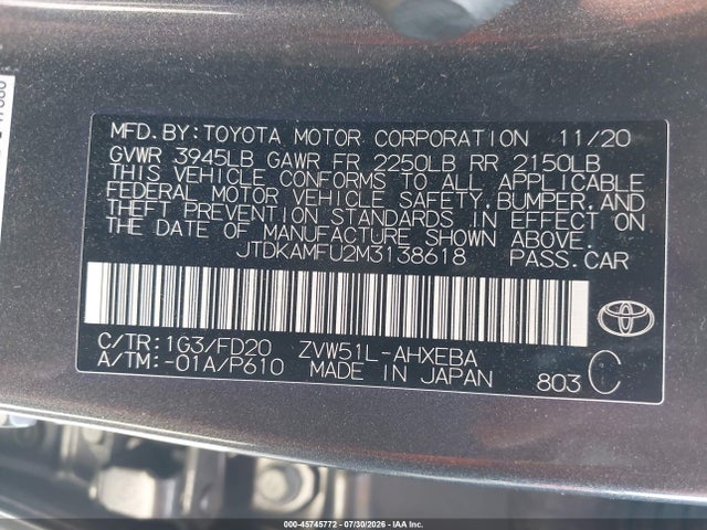 JTDKAMFU2M3138618 Toyota Prius Le