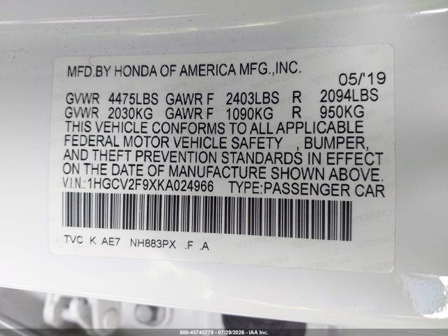 1HGCV2F9XKA024966 Honda Accord Touring 2.0t