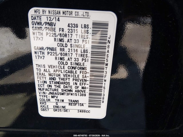 2015 Nissan Rogue Select S მანქანა იყიდება აუქციონზე, vin: JN8AS5MT3FW151389, აუქციონის ნომერი: 45745783