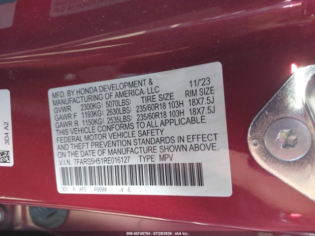 Продажа на аукционе авто 2024 Honda Cr-v Hybrid Sport, vin: 7FARS5H51RE016127, номер лота: 45745784