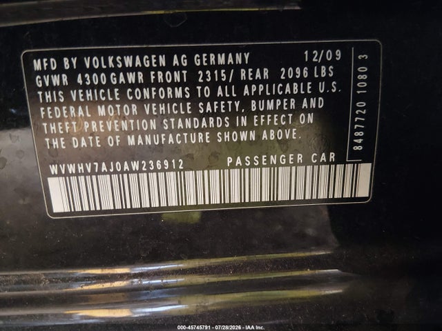 2010 Volkswagen Gti 4-door მანქანა იყიდება აუქციონზე, vin: WVWHV7AJ0AW236912, აუქციონის ნომერი: 45745791